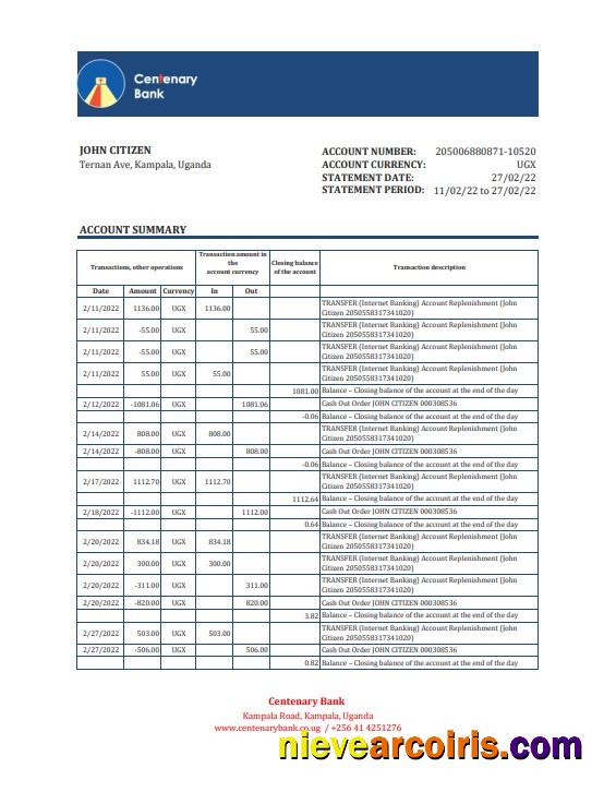 Uganda Centenary bank statement, Excel and PDF